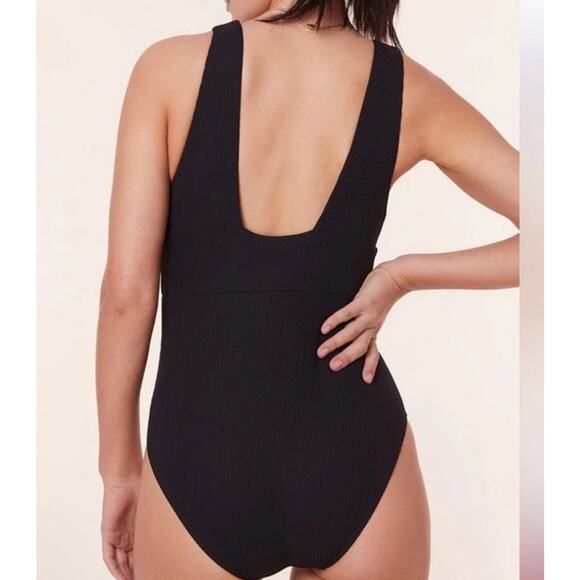 Andie Swim The Mykonos Rib One Piece Long Torso Swimsuit Black size M Tall NEW - Picture 2 of 16